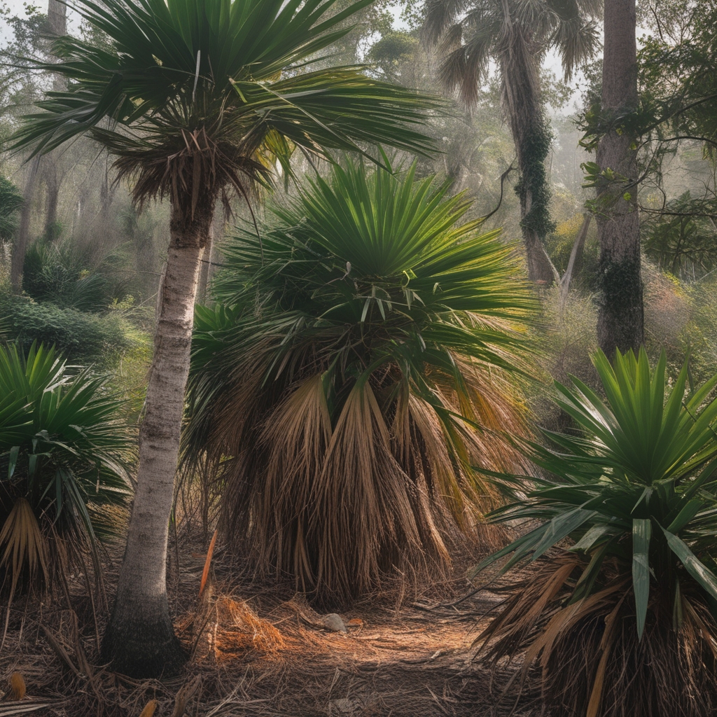 Buah saw palmetto berwarna hitam ungu gelap menggantung berkelompok di antara daun palem kipas berwarna hijau segar di bawah sinar matahari