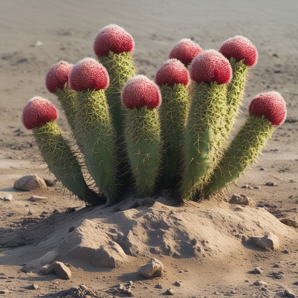 Buah tribulus terrestris kering berwarna coklat berduri ditampilkan di atas tanah dengan latar belakang tanaman padang rumput yang kering dan terang
