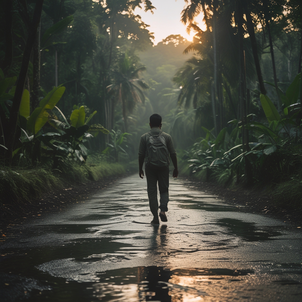 Seorang pria paruh baya berpakaian santai berjalan di jalur hutan hijau yang rindang di pagi hari dengan sinar matahari menembus pepohonan